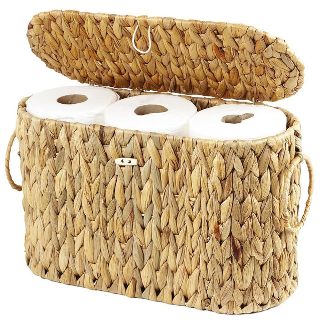 Toilet Paper Storage Basket with Lid, Water Hyacinth Slim Toilet Paper Holder - Holds Up to 6 Mega Rolls, Wicker Basket for Bathroom Accessories Decor Organizer