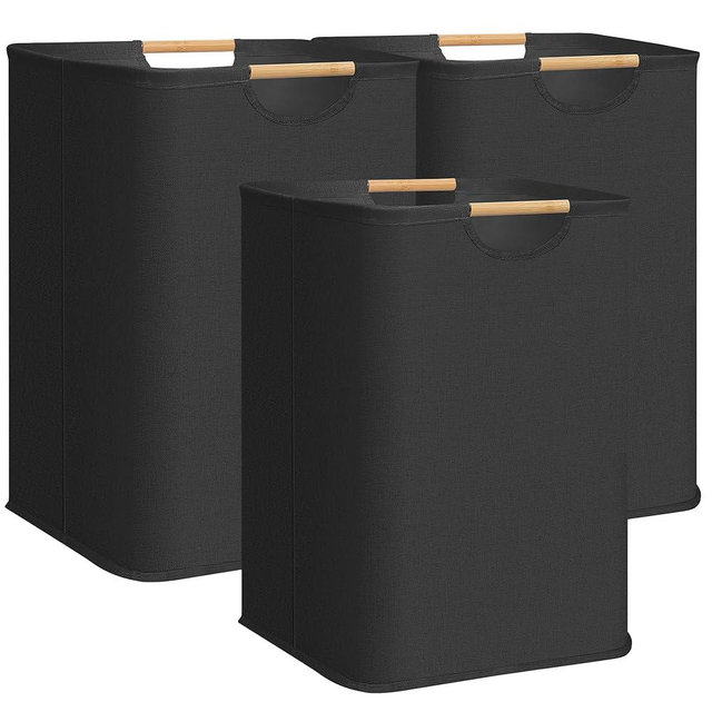 STORAGE MANIAC 3-Pack Large Laundry Hamper, 100L (26.4 Gal) Collapsible Laundry Basket with Bamboo Handles, Freestanding Waterproof Clothes Hamper for Laundry Room, Bedroom, Dorm, Towels, Toys, Black