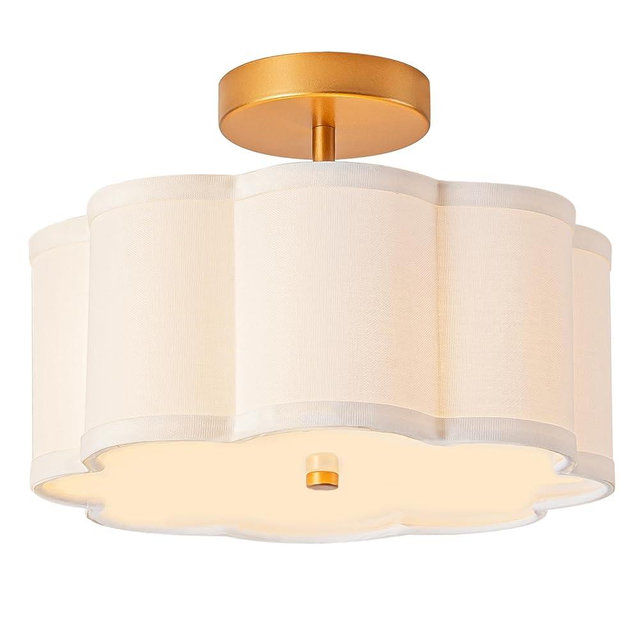 Bargeni Semi Flush Mount Ceiling Light,13 inch Modern Ceiling Light Fixture,Gold Light Fixtures Ceiling Mount with Flower-Shaped Fabric Shade, Flush Mount Light Fixture for Bedroom,Living Room,Hallway