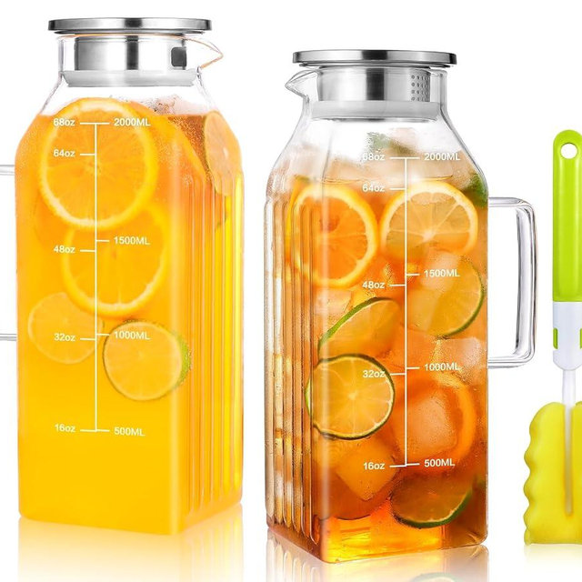 2 Liters/68oz 2 Pack Square Glass Pitcher with Lid and Handle for Fridge Door, Aofmee Borosilicate Glass Heat Resistant Dishwasher Safe Iced Tea Jar, Carafe with Scale Line for Hot/Cold Beverage