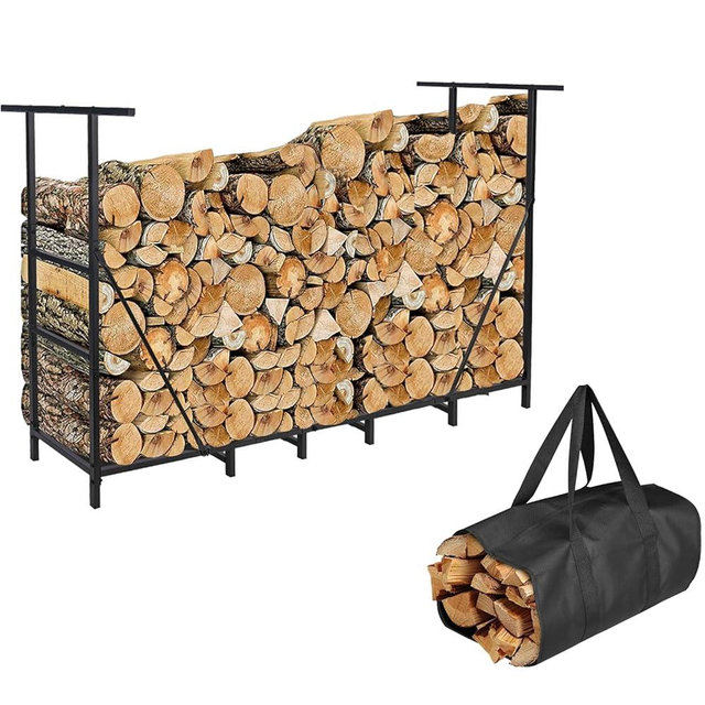 HONEST OUTFITTERS 6ft Firewood Rack Outdoor, Adjustable Heavy Duty Firewood Holder, Adjustable Wood Racks for Outdoor Indoor, Metal Log Racks for Firewood with Firewood Bag Carrier, Black