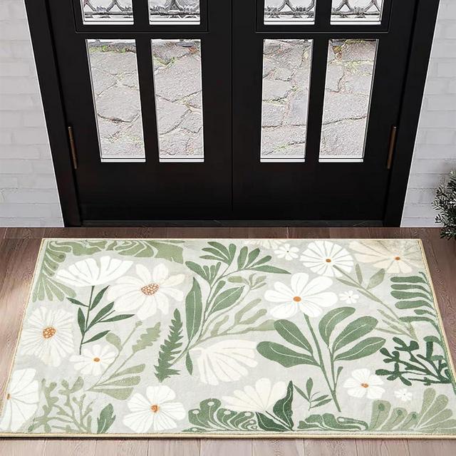 RoomTalks Sage Green Floral 2x3 Small Area Rugs for Bathroom Kitchen Indoor Soft Aesthetic Entryway Rugs Washable, Funky Groovy Botanical Plants Cute Spring Summer Tropical Bathroom Rugs Non Slip
