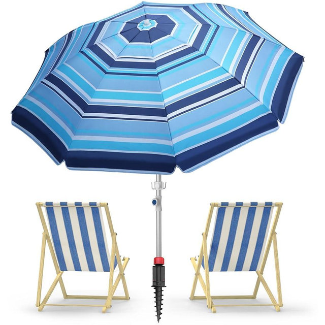 Deluwire 7ft Heavy Duty High Wind Beach Umbrella Parasols with sand anchor & Tilt Sun Shelter, UV 50+ Protection Outdoor Sunshade Umbrellas Carry Bag for Patio Garden Pool Backyard Stripe Blue