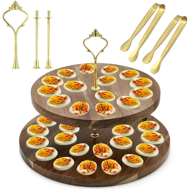 Teenyyou 1 Set 2 Tier Wooden Deviled Egg Platter 39 Holes Deviled Tray with 2 Gold Stainless Steel Tong, Brown Egg Carrier Double Layer Serving Tray Holder for Thanksgiving Christmas