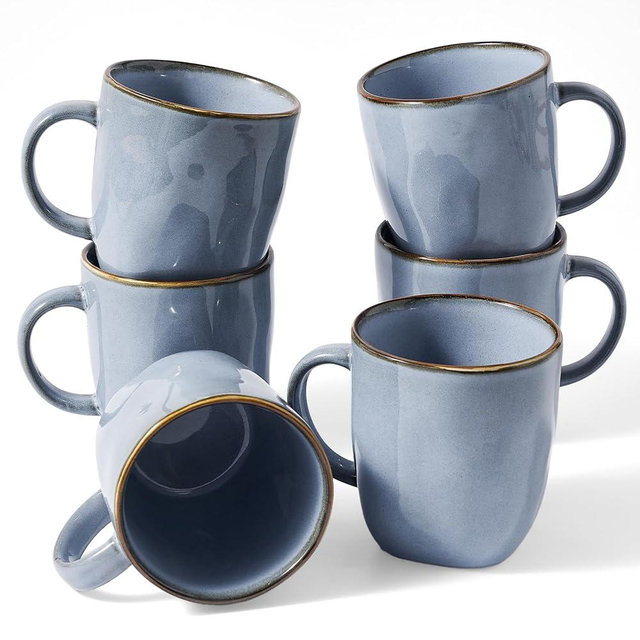 famiware Coffee Mugs Set of 6, Ocean Square 13oz Coffee Cup Set with Handle for Cocoa, Milk, Hot Chocolate, Tea, Water, Stoneware Cups for Kitchen, Microwave and Dishwasher Safe, Blue