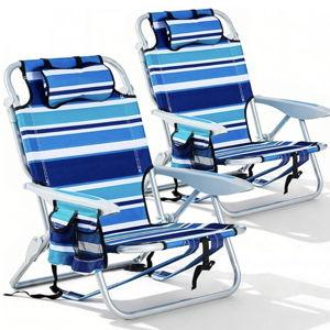2 Pack Lightweight Portable Camping Beach Chair for Adults, Outdoor Lay Flat Folding Beach Chairs with 5 Positions, Backpack Beach Chair with Towel Bar, Zipper Pouch, Cup Holder, Blue Green