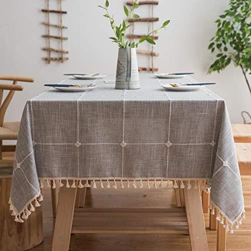 Joy Fabric Cotton Linen Tablecloths, Wrinkle Free Anti-Fading Table Cloth, Tassel Rectangle Indoor & Outdoor Dining Table Cover (Grey Checkered, 55 x 87 Inch)