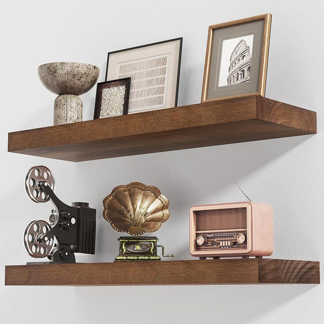 Axeman Floating Shelves, 2 Pack 8 Inch Deep Rustic Solid Wood Wall Shelves for Storage, Wall Mounted Display Shelving with Invisible Heavy-Duty Metal Bracket, 24" W x 8" D x 1.6" H, Walnut