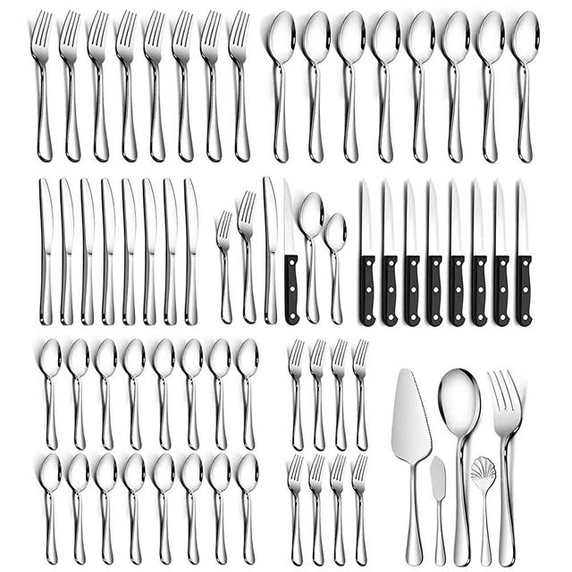 61-Piece Silverware Set with Serving Utensils, Steak Knife and Extra Teaspoons by Teivio, Flatware Set Mirror Polished, Dishwasher Safe Service for 8, Include Knife/Fork/Spoon