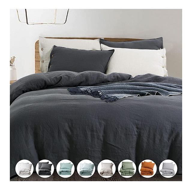 EVERLY Linen Duvet Cover King Size, 100% Stonewashed French Linen Duvet Cover Set, 3 Pieces (1 Duvet Cover & 2 Pillowcases) Flax Comforter Cover Set with Coconut Button Closure, Dark Grey