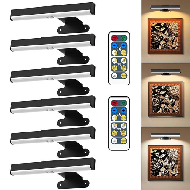 6Pack Wireless Picture Light for Wall Battery Operated Wall Sconces with Remote 3 Lighting LED Painting Light Timer&Dimmable Art Display Lights for Picture Gallery Posters Living Room Home Decor