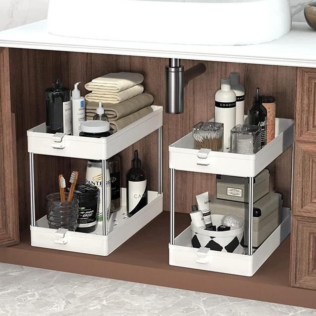 SPACEKEEPER Under Sink Organizer, 2 Tier Under Sink Storage Organizer, Bathroom Standing Rack, Bath Collection Slide-out Baskets with Hooks, Multi-purpose Storage Shelf, White, 2 Pack