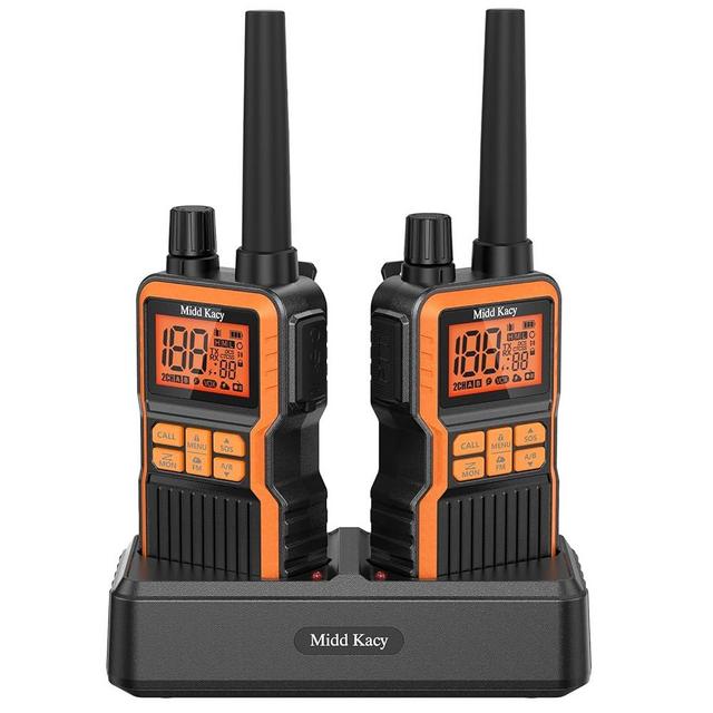 Midd Kacy MK108 Walkie Talkies,2 Way Radio Long Range,60 Channel GMRS Radio with 121 Privacy Codes,IP55 Waterproof,SOS,NOAA Weather Alerts,VOX,Dual Watch(Black/Orange,2 Pack)