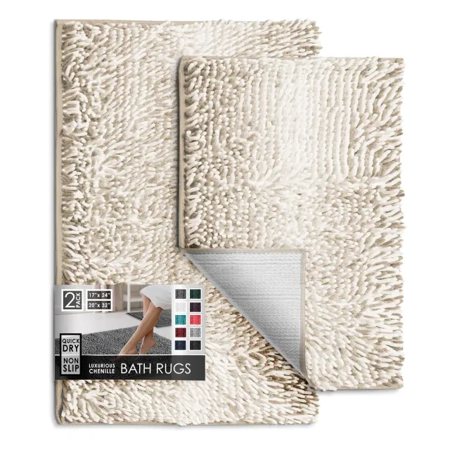 Hearth & Harbor Bathroom Rugs, 2 Piece Chenille Bath Mat Set - Beige Mix Bath Rug, 17x24-20x32