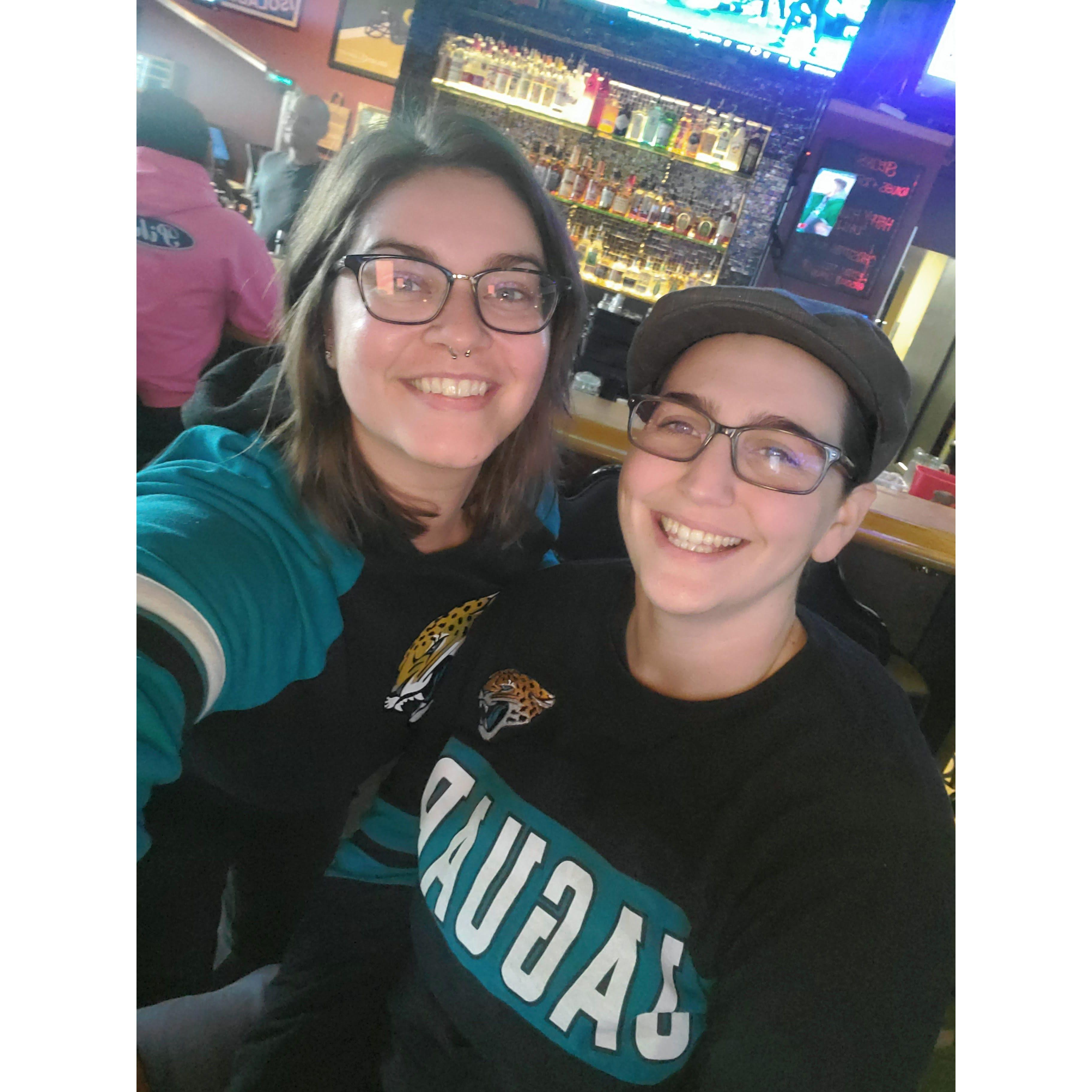 We go to Rocky's Bar every Sunday to watch the Jags. Kylie turned Cyn into a fan!