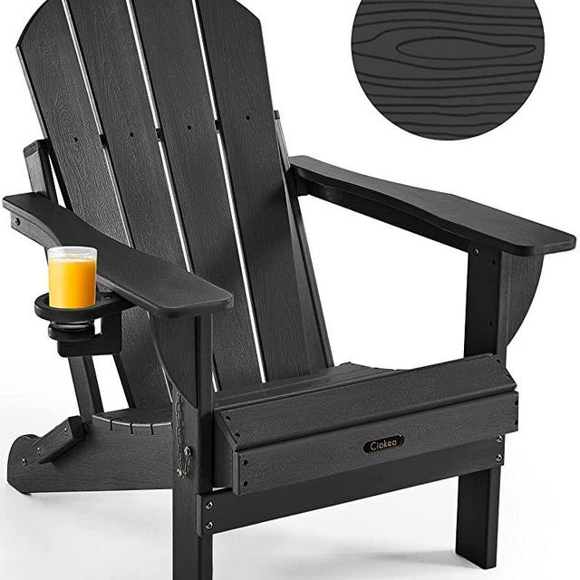 Ciokea Folding Adirondack Chair Wood Texture, Patio Adirondack Chair Weather Resistant, Plastic Fire Pit Chair with Cup Holder, Lawn Chair for Outdoor Porch Garden Backyard Deck (Black)