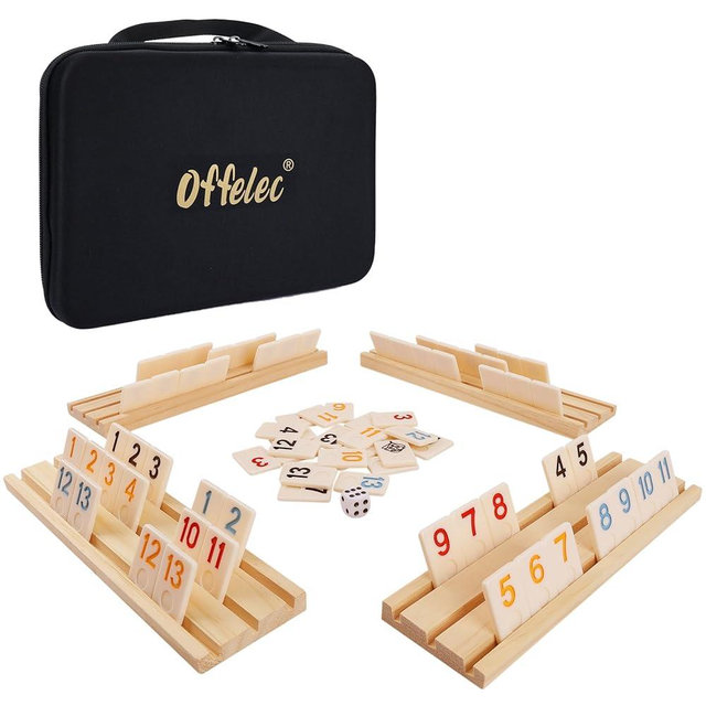 Upgraded Rummy Cube Game Set & 4 Wooden Racks, 106 Large Number Rummy Tiles and Portable Case, Classic Rummy Games for 2-4 Players, Travel & Family Board Game for Adults, Kids & Parties, Great Gifts