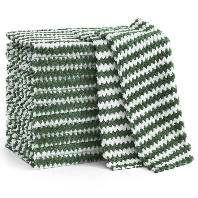Homaxy 12 Pack Kitchen Dish Cloths, Ultra Soft and Absorbent Dish Towels, Reusable Fast Drying Microfiber Cleaning Cloth, Coral Velvet Wave Design Lint Free, 10 x 10 inches, Grass Green