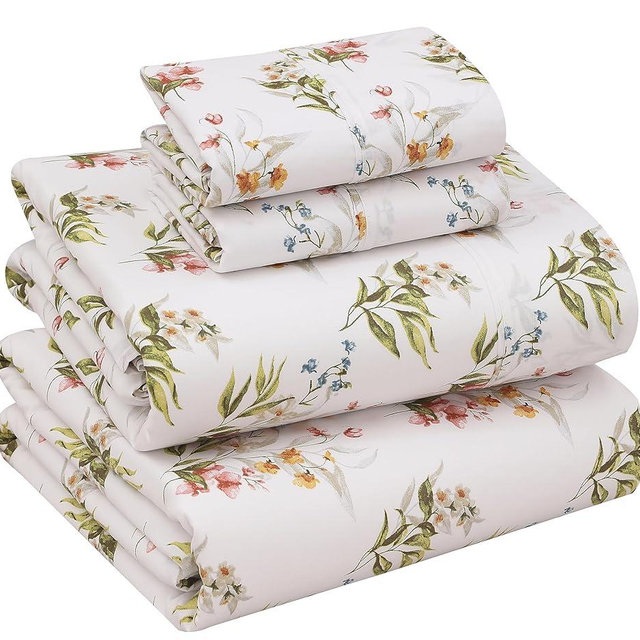 RUVANTI 100% Cotton Percale Sheets Full Size – Crisp Cooling Bed Sheets for Hot Sleepers, Deep Pocket 16”, Soft Breathable & Durable Hotel-Style 4 Piece Set, Floral Bliss