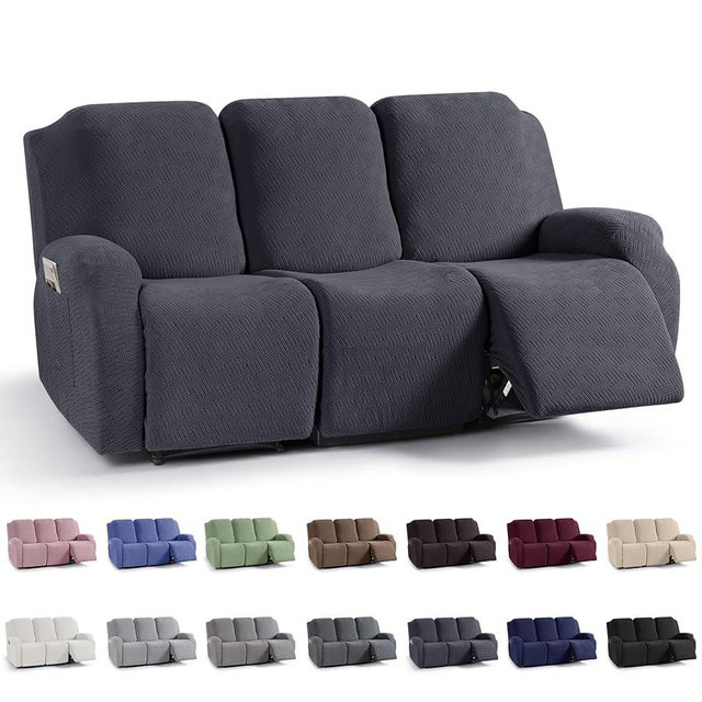 KinCam Recliner Covers, Stretch Reclining Chair Covers, Recliner Sofa Slipcovers Stripe Jacquard Recliner Couch Covers Furniture Protector Covers for Pet Kid (3 Seater, Charcoal Gray)