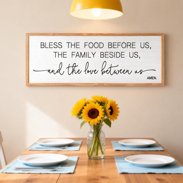 Bless the Food Before Us Wall Decor 40×15 Inch, Christian Bible Verse Wall Art, Farmhouse Framed Plaque Sign for Kitchen Dining Room, The Family Beside Us The Love Between Us Religious Wall Hanging