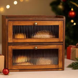 Bread Box for Kitchen Countertop Wooden Bread Storage Container Bin 2 Layer Breadbox Holder Large Capacity Keeper Vintage Farmhouse Food Organizer Pantry Shelf Acrylic Window (Brown)
