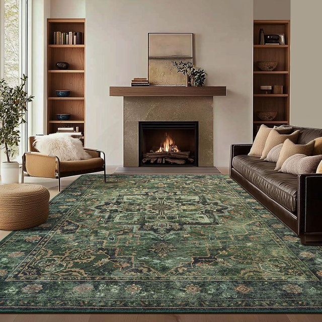 Jainmy Tranditional Dark Green 8x10 Rugs for Living Room Bedroom, Washable Non Slip Low Pile Thin Dining Room Rugs for Under Table, Distressed Medallion Pattern Printed Soft Carpet for Guest Room