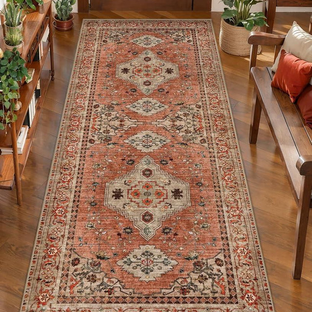 Boho Runner Rug, 2x6 Washable Runner Rugs for Hallways, Non Slip Vintage, Soft Low Pile Long Rug,Distressed Terracotta Oriental Carpet Runners for Kitchen Bedroom Entryway Living Room