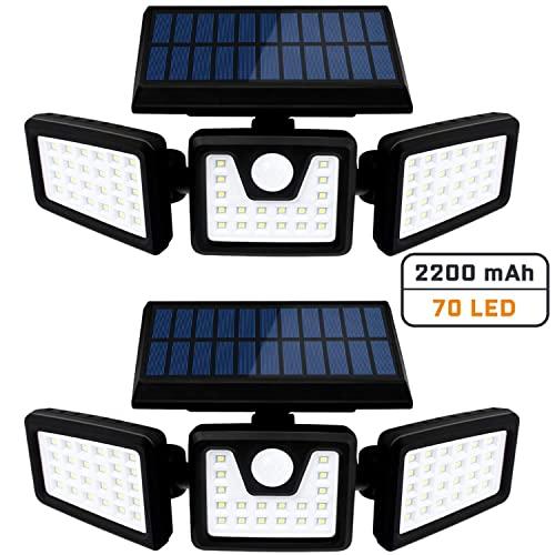Otdair Solar Security Lights, 3 Head Motion Sensor Lights Adjustable 70LED Flood Lights Outdoor Spotlights 360° Rotatable IP65 Waterproof for Porch Garden Patio Yard Garage Pathway, 2 Pack