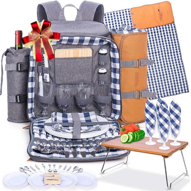 Family Picnic Backpack for 4 - Complete Picnic Basket for 4 with Folding Table, Insulated Cooler Compartment, Wine Holder, Waterproof Picnic Bag with Blanket and Complete Cutlery and Picnic Set - Gray