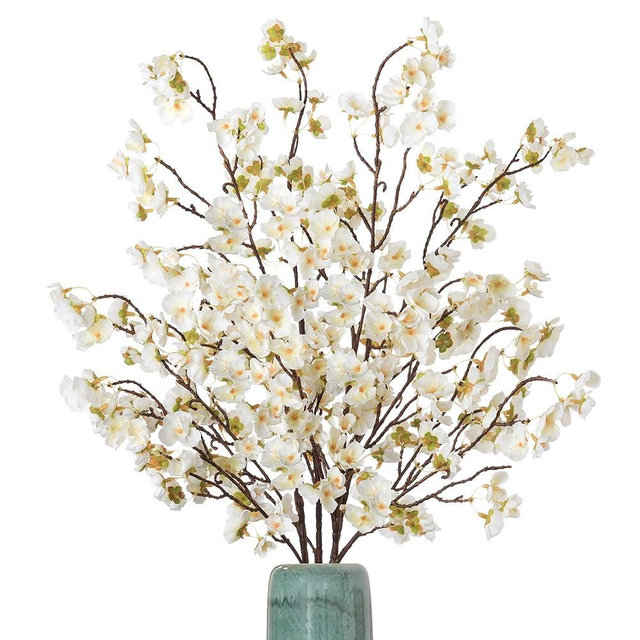 Ammyoo 4 Pcs Artificial Cherry Blossom Flower Branches, Bulk Silk Faux Flowers Real Touch Bouquet for Home Wedding Party Centerpieces Spring Summer Decor, Vase Not Included (White)