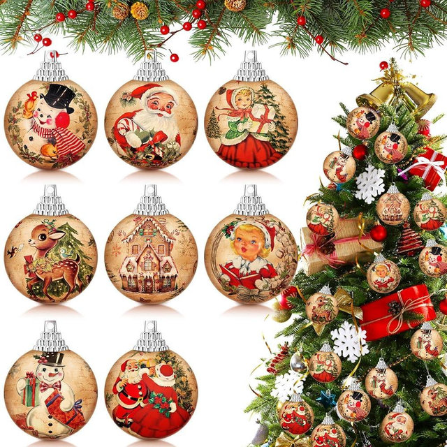 Outus 16 Pcs Christmas Tree Ornaments Ball Vintage Christmas Decorations for Tree Vintage Style Santa Claus Snowman Hanging Ornaments Farmhouse Home Fireplace Decoration Holiday Party Favors