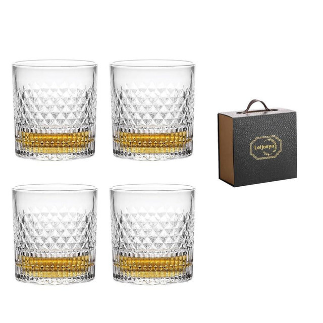 Leijosya Old Fashioned Whiskey Glasses with Luxury Box - 11 Oz Rocks Barware For Scotch, Bourbon, Liquor and Cocktail Drinks，Brandy, Vodka, Rum - Set of 4 - Men Gift