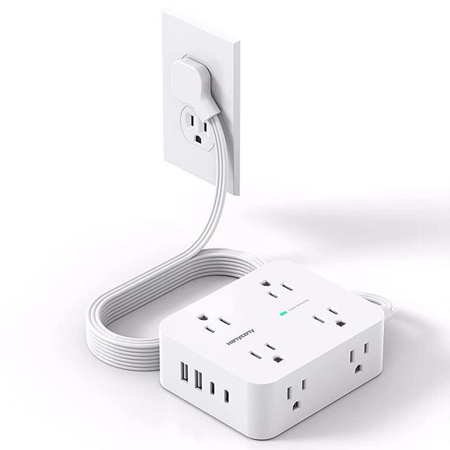 Power Strip Surge Protector, 5Ft Ultra Thin Flat Extension Cord, Slim Flat Plug Power Strip with 8 Outlets 4 USB Ports (2 USB C), 1080J Multi Plug Outlet Extender for Home Office Dorm Room Essentials