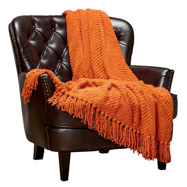 Chanasya Textured Knitted Super Soft Throw Blanket with Tassels Cozy Plush Lightweight Fluffy Woven Blanket for Bed Sofa Chair Couch Cover Living Bed Room Orange Throw Blanket (50x65 Inches) Orange