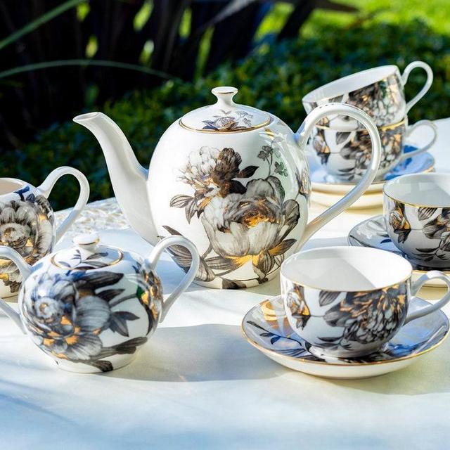 Black Gold Peony Fine Porcelain 11-piece Tea Set, 1 Teapot, 1 Sugar Bowl and 1 Creamer, 4 Cups with 4 Saucers, Grace Teaware