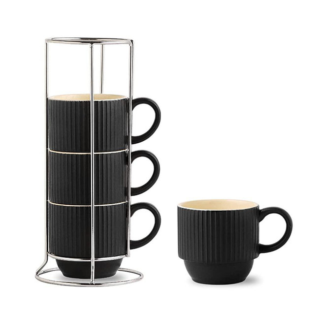 Hasense Black Coffee Mug Porcelain Set of 4 with Rack - 12 oz Stackable Coffee Cups Ceramic, Modern Ribbed Latte Cup Sets for Cappuccino, Tea, Espresso, Hot Cocoa, Drinks - Dishwasher & Microwave Safe