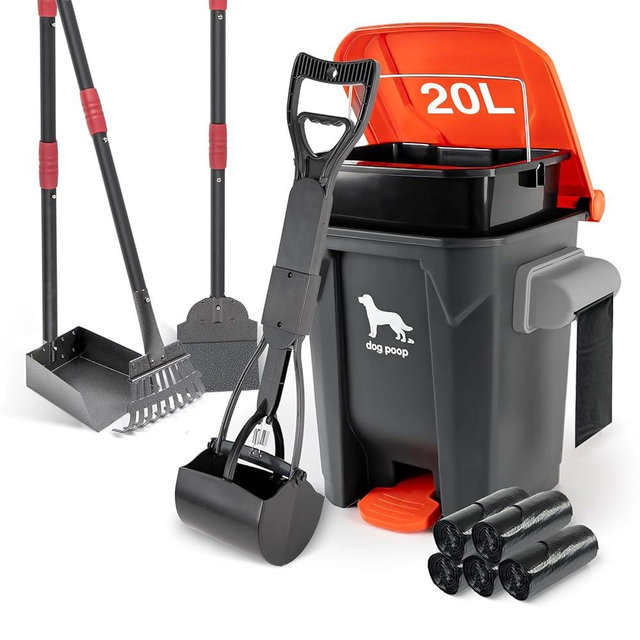 HWPZE Dog Pooper Scooper, 7Pcs Set Poop Trash Can with Removable Inner Bucket, Long Handle Tray & Rake, 60 Waste Bags, Dog Waste Large Bin Waterproof for Outdoor, Backyard, Garden