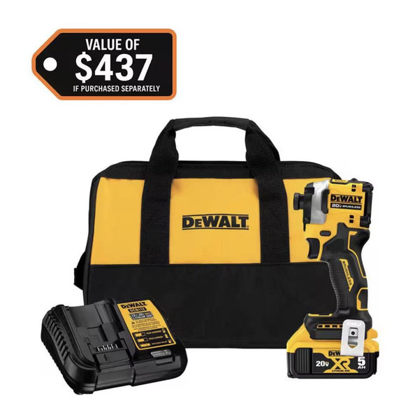 DEWALT ATOMIC 20V MAX Lithium-Ion Cordless 1/4 in. Brushless Impact Driver Kit, 5 Ah Battery, Charger, and Bag DCF850P1