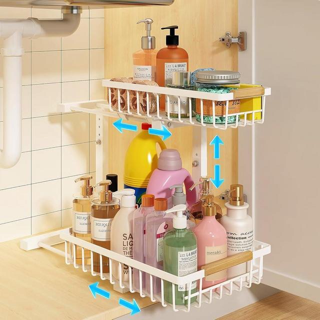 REALINN Under Sink Organizer, Height Adjustable Under Sink Organizers and Storage, 2 Tier Pull Out Drawer Cabinet Organizer for Kitchen Bathroom, 1 Pack, White