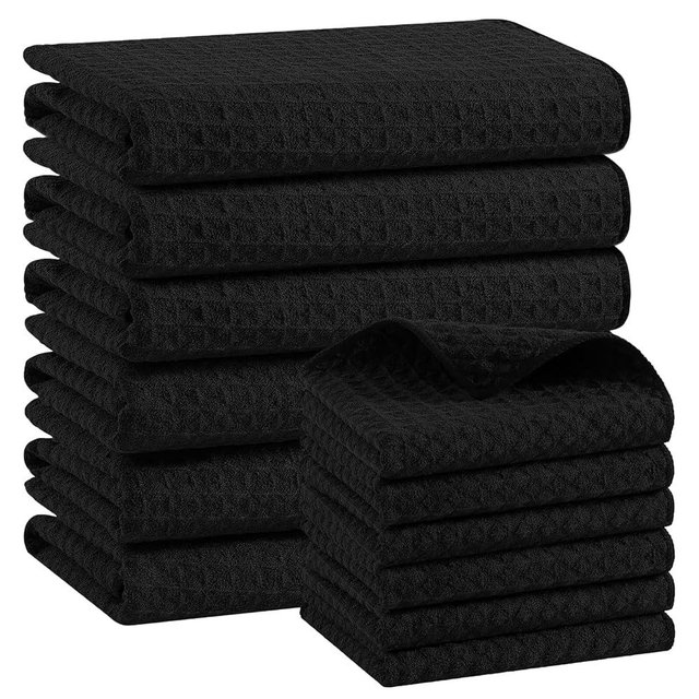 Homaxy Microfiber Waffle Weave Kitchen Towels Set, 16 x 28 Inch and 12 x 12 Inch Ultra Absorbent and Solid Color Dish Towels, 12 Pack, Black
