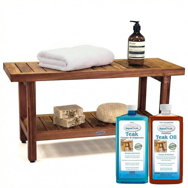 AquaTeak The Original 36" Spa Teak Shower Bench - Shower Stool with Storage Shelf for Bathroom - Durable Water Resistant Shower Chair - Shaving Foot Rest - Comes with Teak Oil & Cleaner CareKit