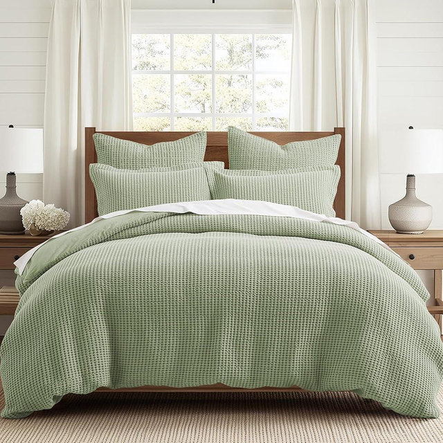 Levtex Home - Mills Waffle Desert Sage Duvet Cover Set - King Duvet Cover + Two King Pillow Cases - Sage Waffle Weave - Duvet Cover (106 x 94in.) and Pillow Case (36 x 20in.) - Cotton