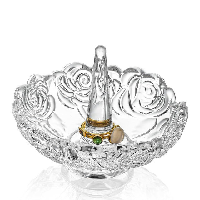 H&D HYALINE & DORA 4”Clear Crystal Ring Holder,Round Glass Ring Dish,Jewelry Rack Ring Holder for Wedding,Jewelry Display Gifts for Mom Wife Girlfriend