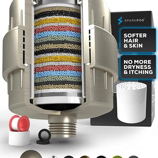 SparkPod High Output Shower Filter Capsule - Suitable for People with Sensitive and Dry Skin and Scalp, Filters Chlorine and Impurities | 1-min Install (Elegant Brushed Nickel)