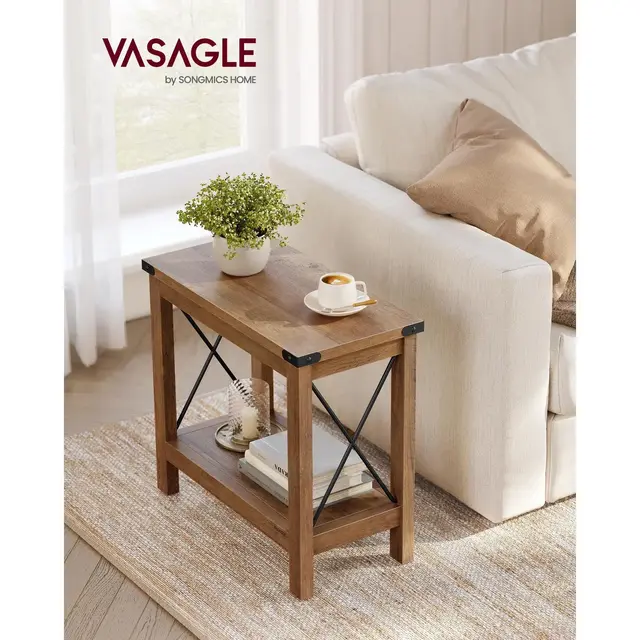VASAGLE 2-Tier End Table, Side Table with Bottom Shelf, Nightstand for Small Spaces, for Living Room, Bedroom, Farmhouse Style, Honey Brown