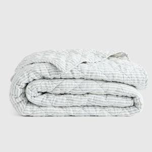 Full/Queen European Linen Stripe Quilt in Mist/White Stripe