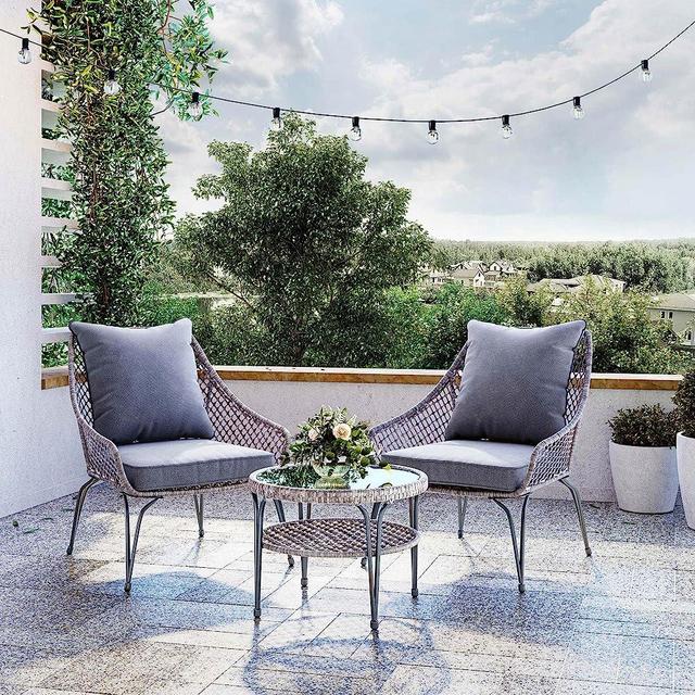 BELLEZE 3 Piece Rattan Patio Bistro Set with Two Chairs and Glass Top Coffee Table, Outdoor Wicker Patio Furniture with Removable Cushions - Quito (Grey)