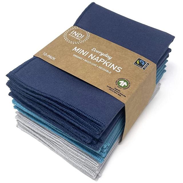 Indi by Kishu Baby - Organic Cloth Napkins 12 Pack - Assorted Blue Teal Gray - Mini Size 12.5 x 9.5 Inches - Ultra Soft, Fairtrade, GOTS Certified, 100% Organic Cotton Muslin (Ocean)