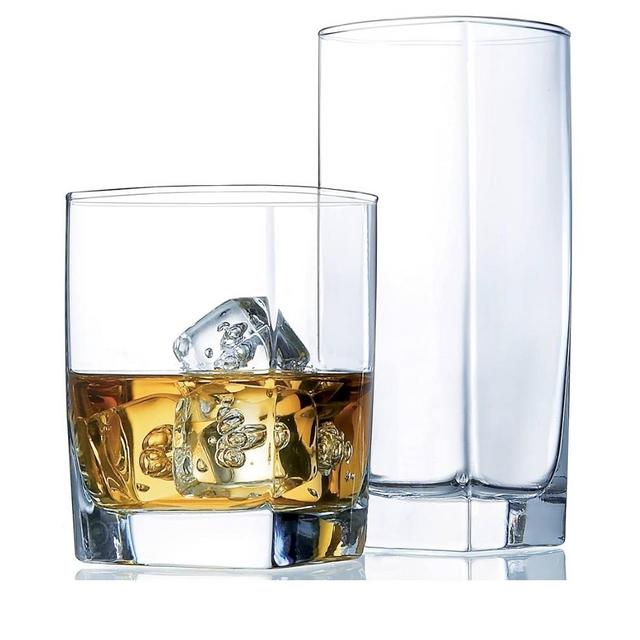 Collins Everyday Drinking Glasses Set of 16 Drinkware Kitchen Glasses for Cocktail, Iced Coffee, Beer, Ice Tea, Wine, Whiskey, Water, 8 Tall Highball Glass Cups & 8 Short Old Fashioned
